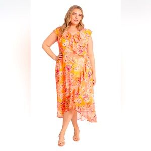 London Times Faux Wrap Midi Dress in Coral Pink Size 16